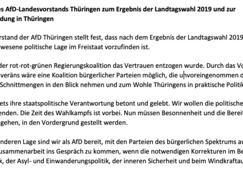 Resolution des AfD-Landesvorstands Thüringen zum Ergebnis der Landtagswahl 2019 und zur Regierungsbildung in Thüringen